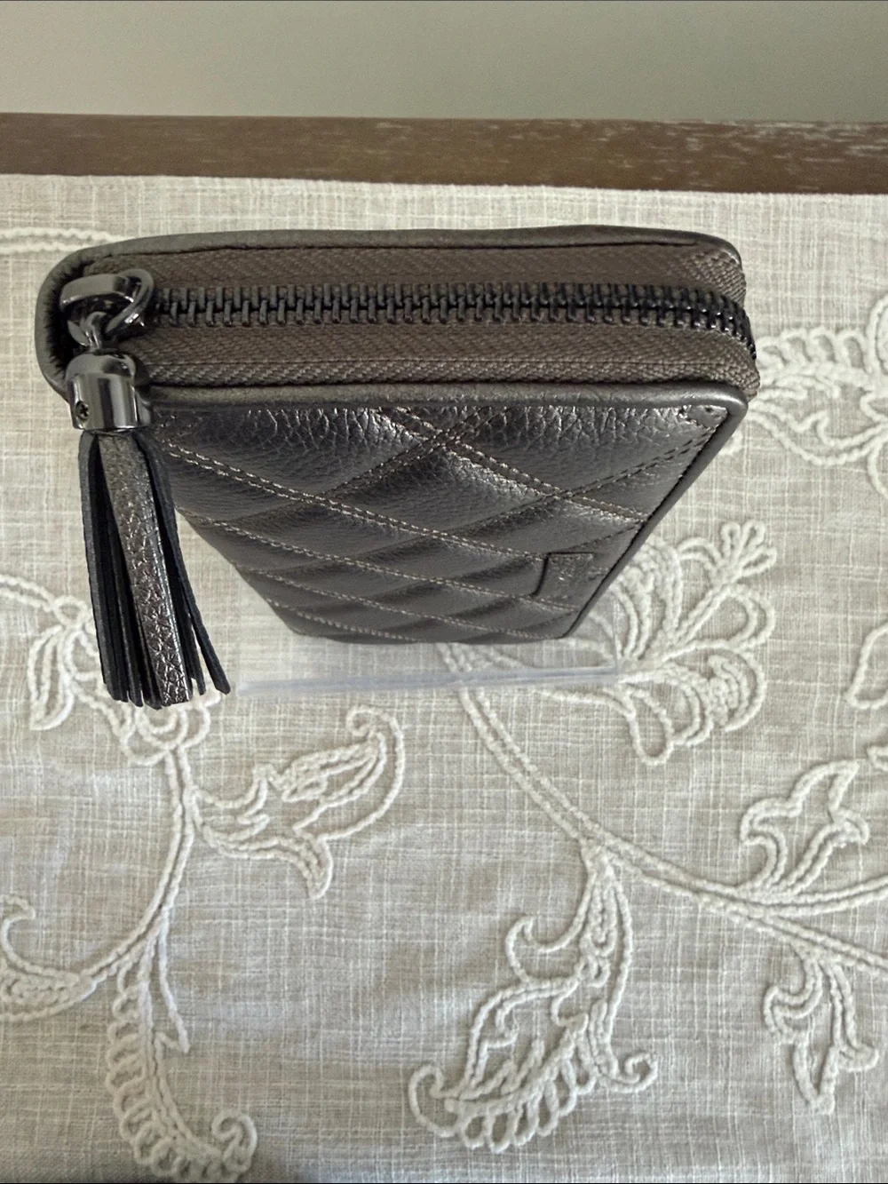 Cole Haan Quilted Metallic Grey Pewter Zip Around Wallet with Tassel Pull
